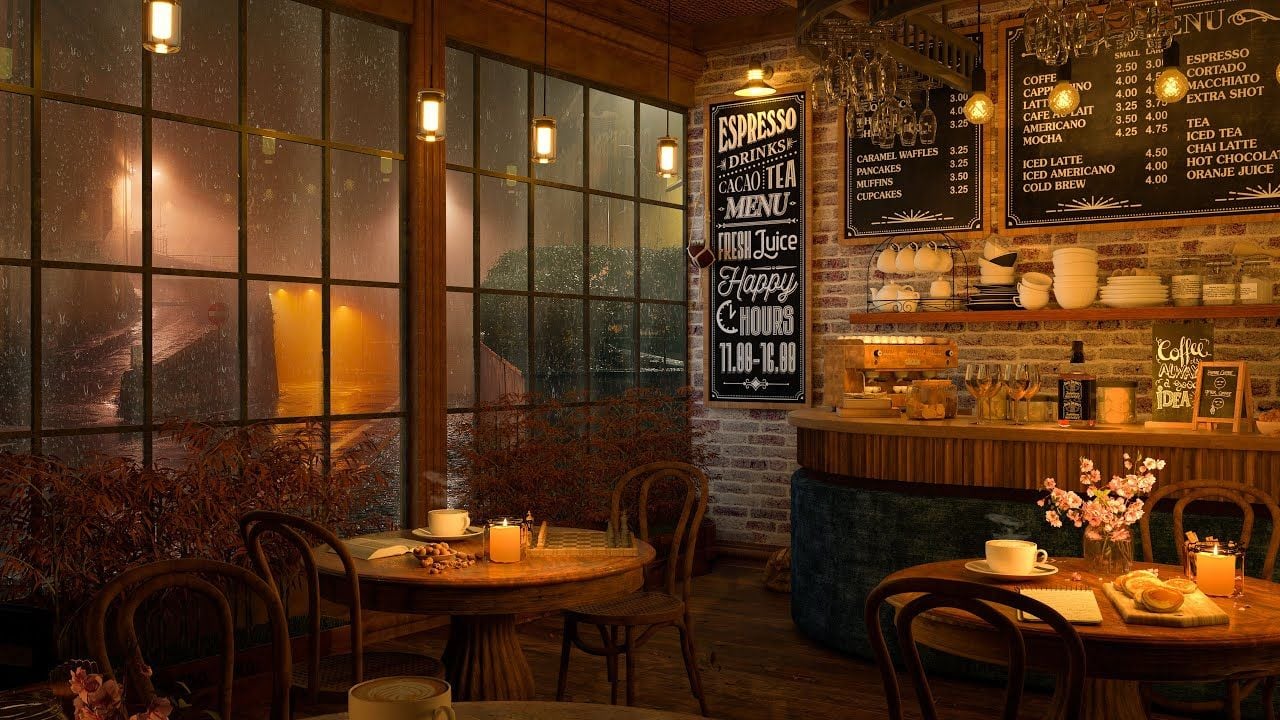Cozy cafe interior on a rainy evening, warm lighting and chalkboard menus